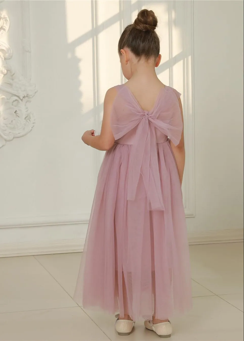 Lily Adjustable Strap Girl Dress in Mauve Maxi 3D Flower Petal