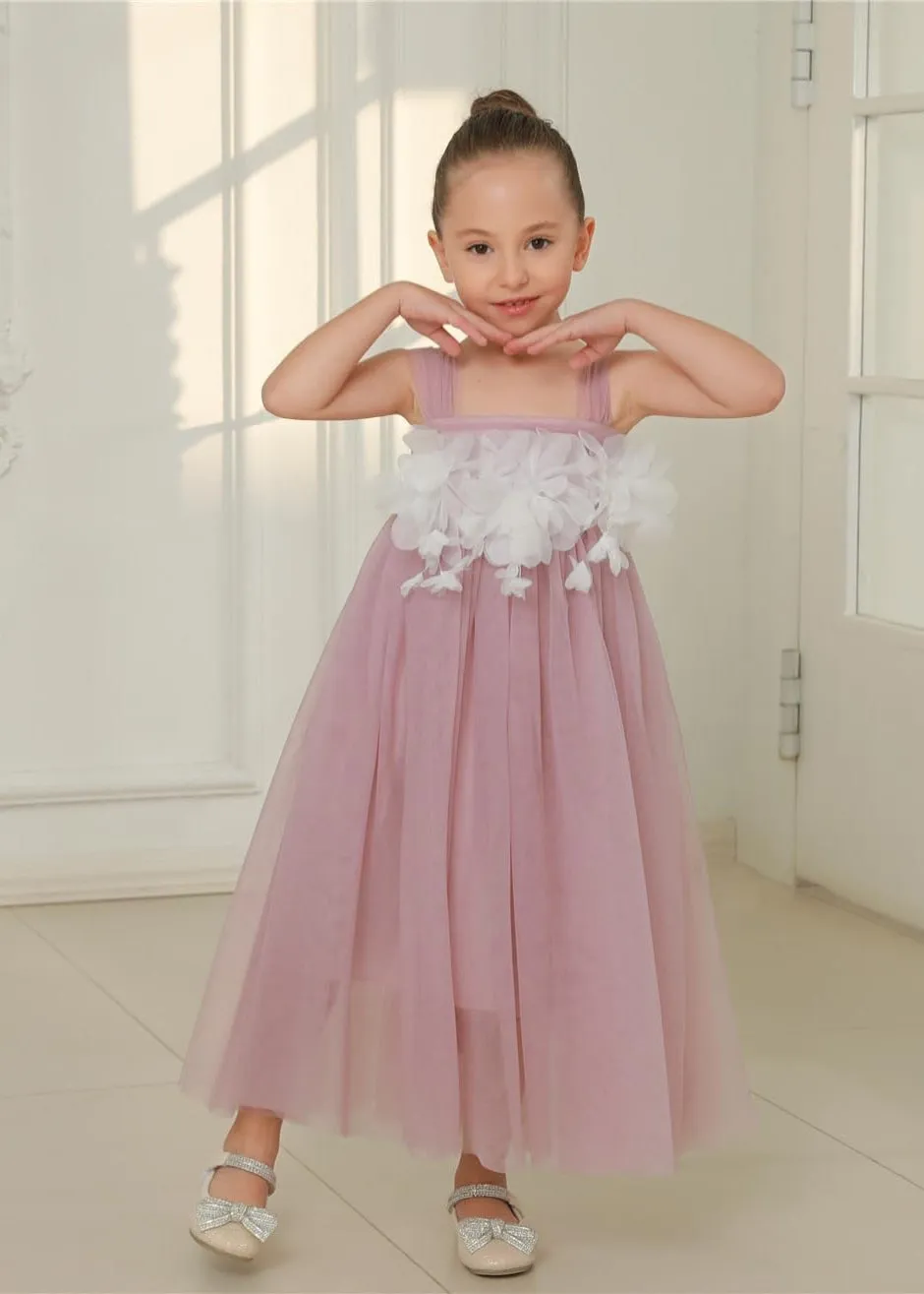 Lily Adjustable Strap Girl Dress in Mauve Maxi 3D Flower Petal