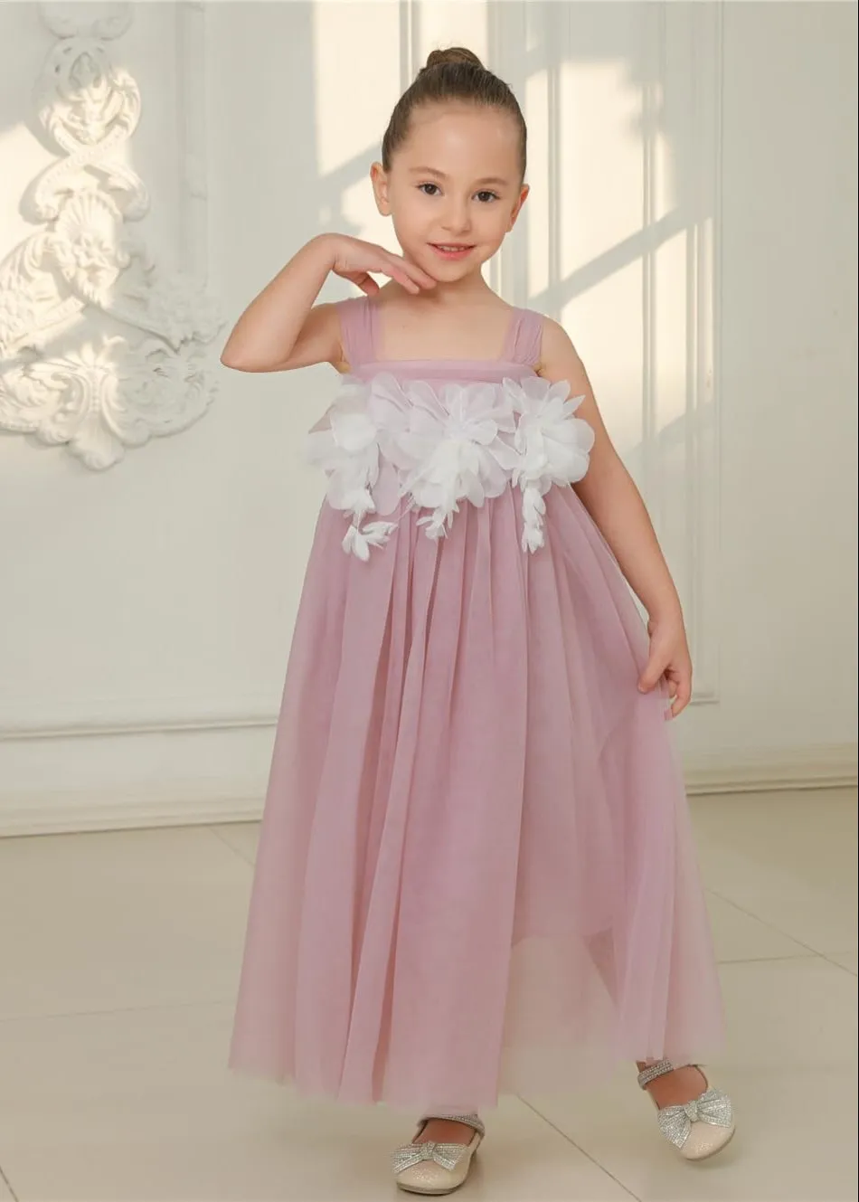 Lily Adjustable Strap Girl Dress in Mauve Maxi 3D Flower Petal