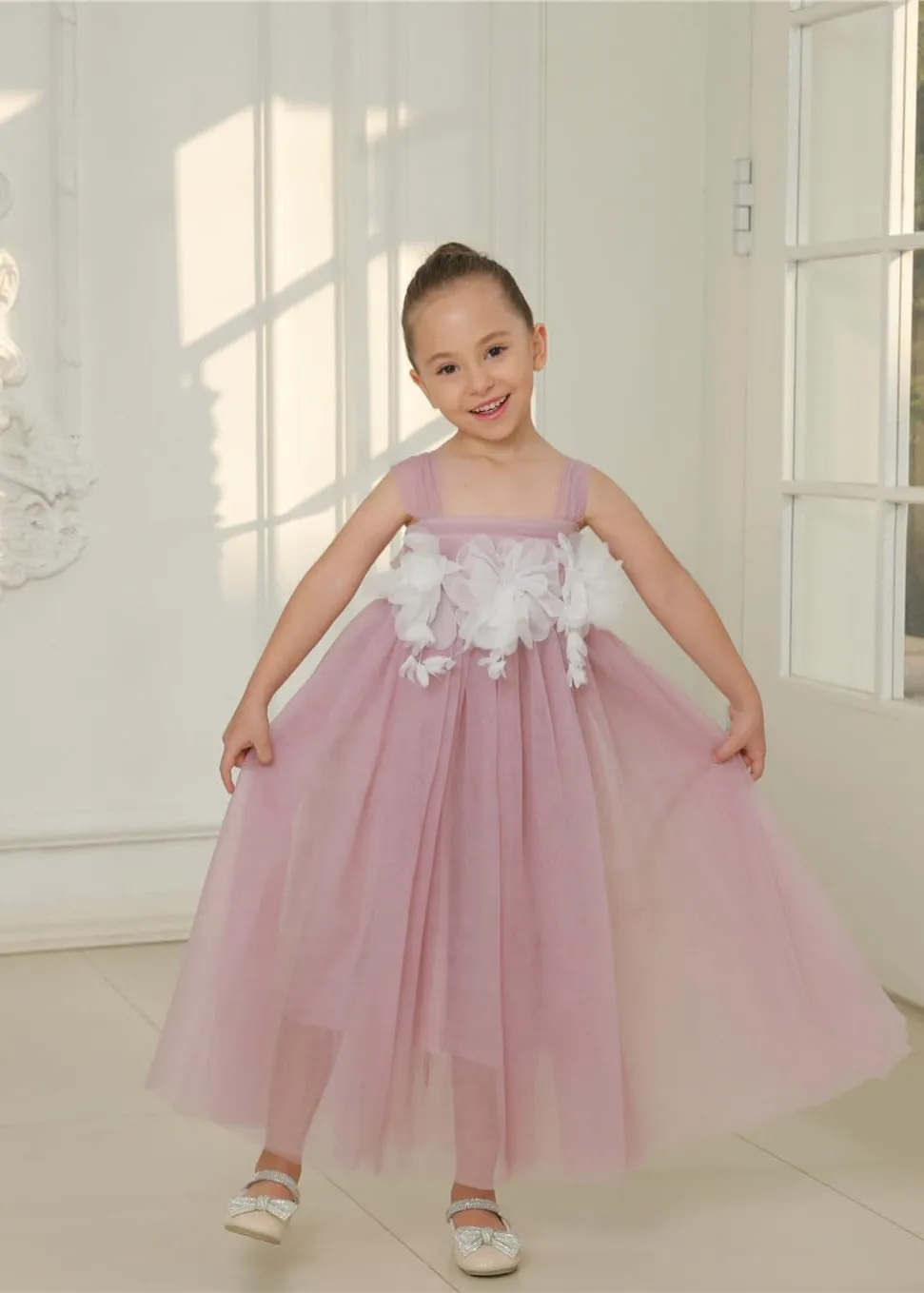 Lily Adjustable Strap Girl Dress in Mauve Maxi 3D Flower Petal