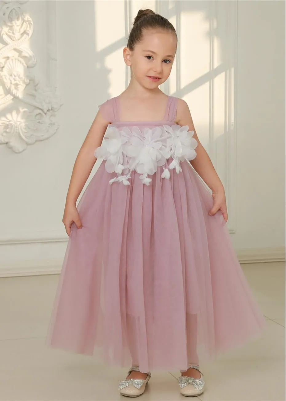Lily Adjustable Strap Girl Dress in Mauve Maxi 3D Flower Petal