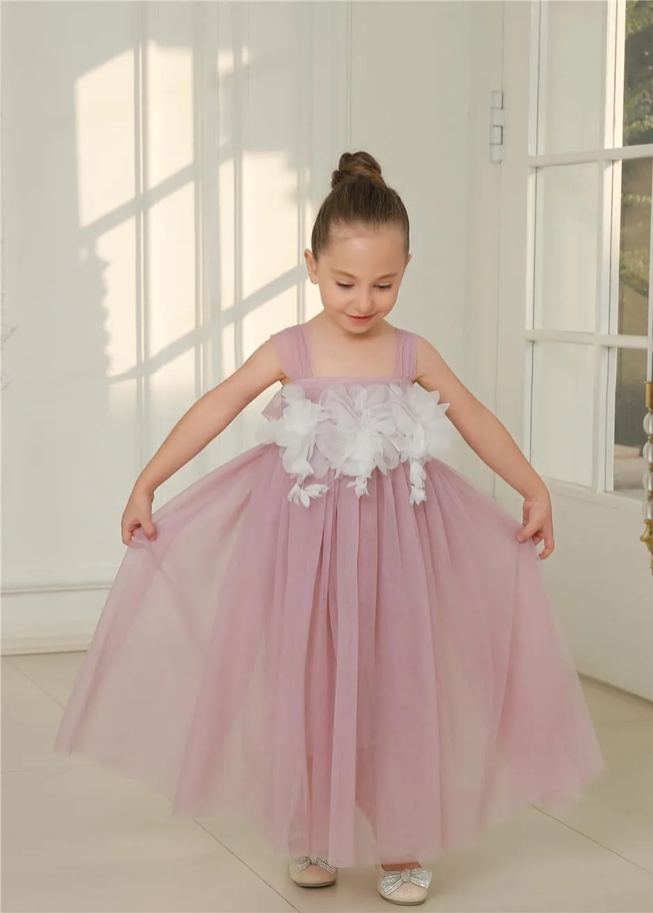 Lily Adjustable Strap Girl Dress in Mauve Maxi 3D Flower Petal