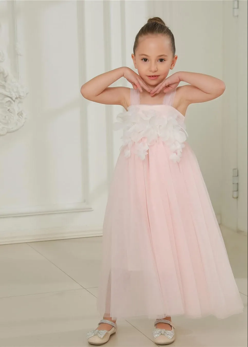 Lily Adjustable Strap Girl Dress in Pink Maxi 3D Flower Petal