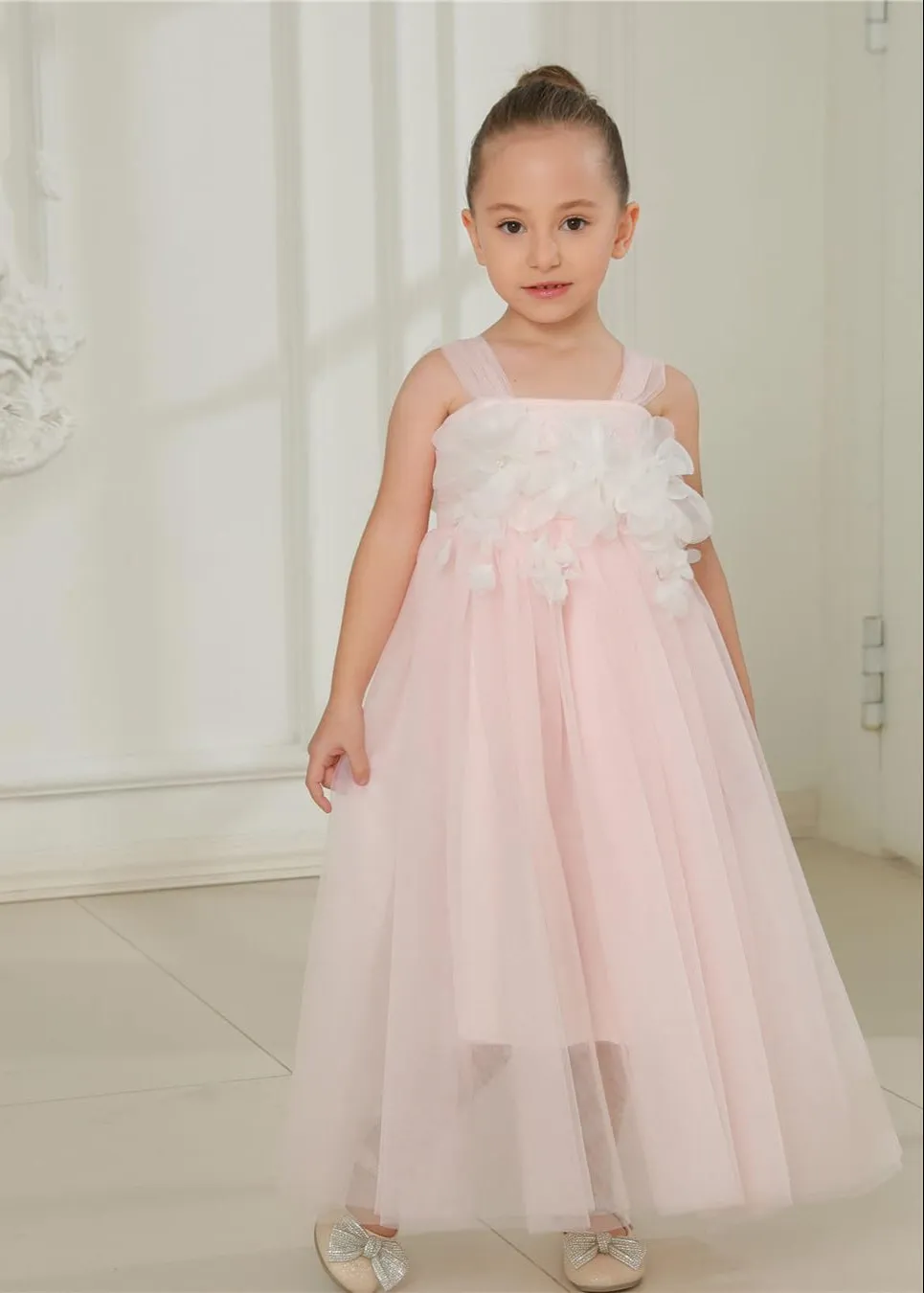 Lily Adjustable Strap Girl Dress in Pink Maxi 3D Flower Petal