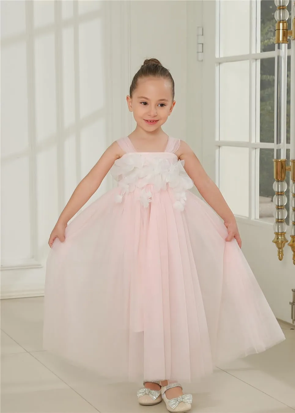 Lily Adjustable Strap Girl Dress in Pink Maxi 3D Flower Petal