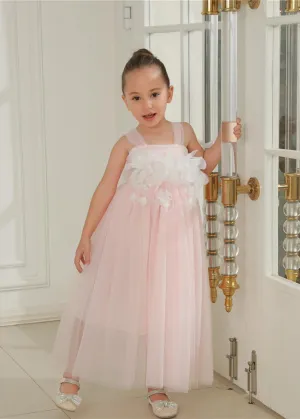 Lily Adjustable Strap Girl Dress in Pink Maxi 3D Flower Petal