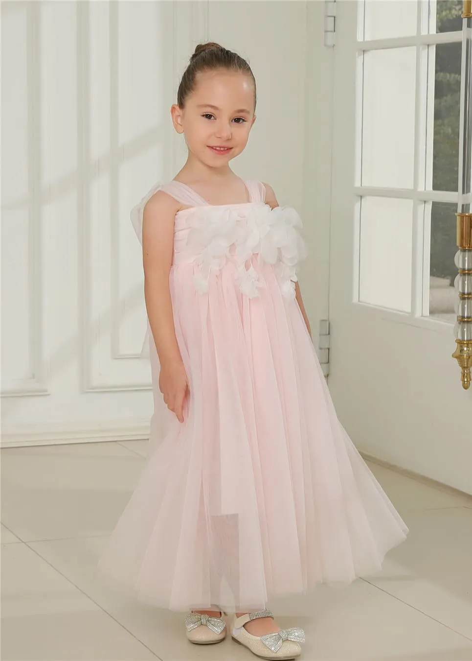 Lily Adjustable Strap Girl Dress in Pink Maxi 3D Flower Petal