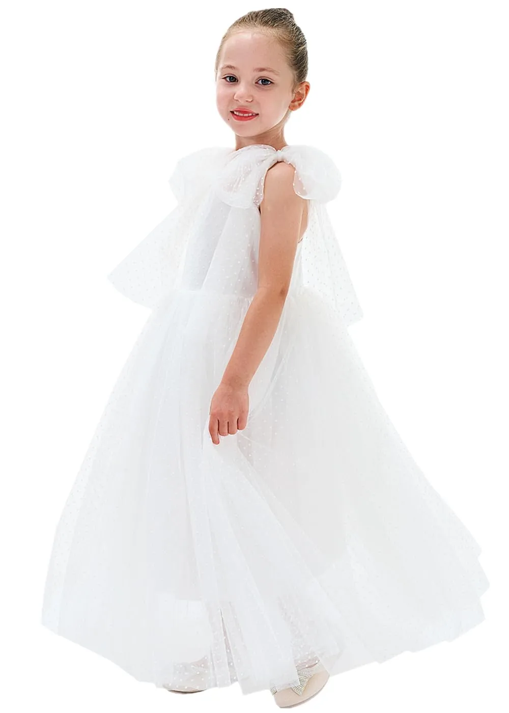 Lily Adjustable Strap Girl Dress in Polka Dot White