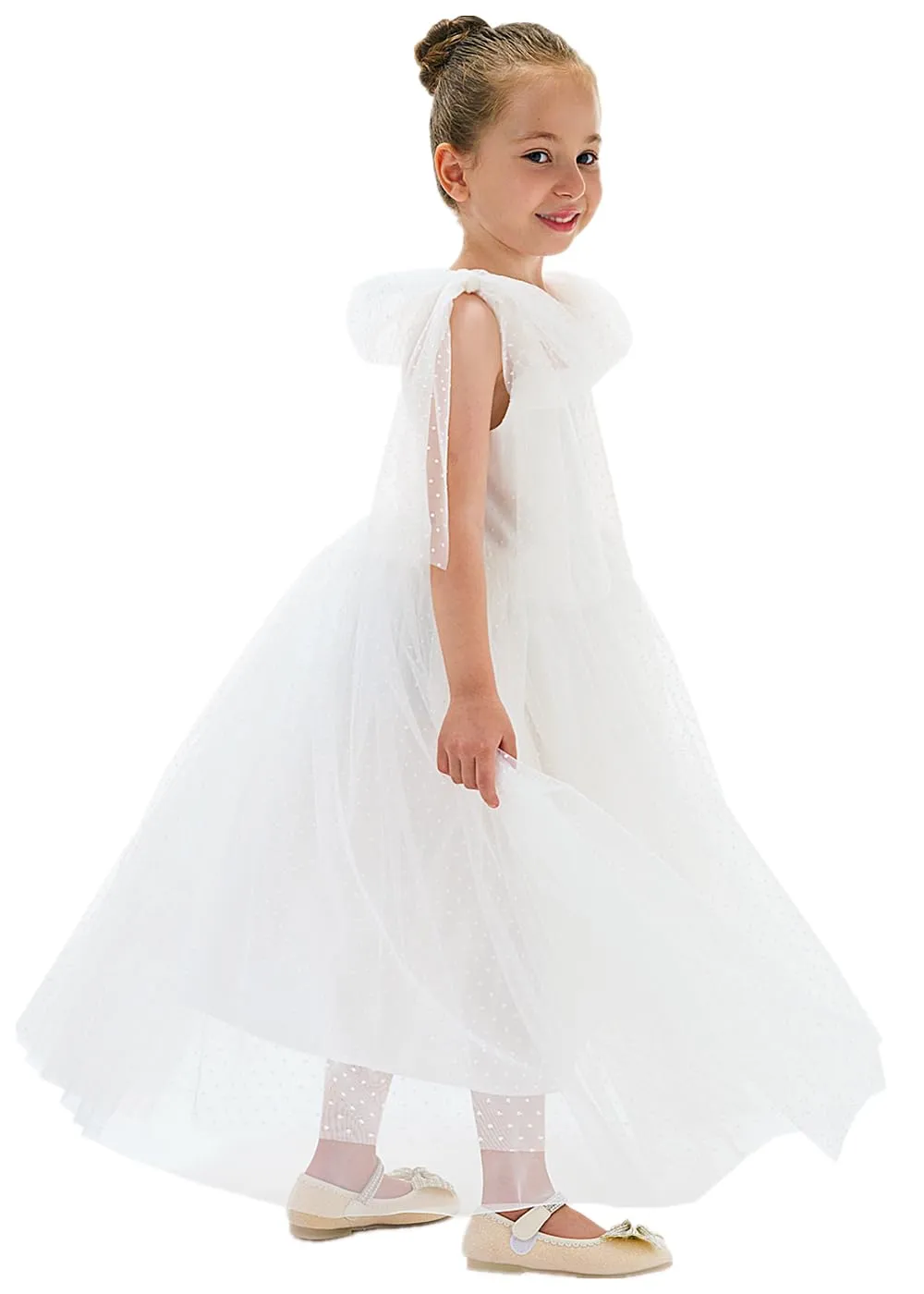 Lily Adjustable Strap Girl Dress in Polka Dot White