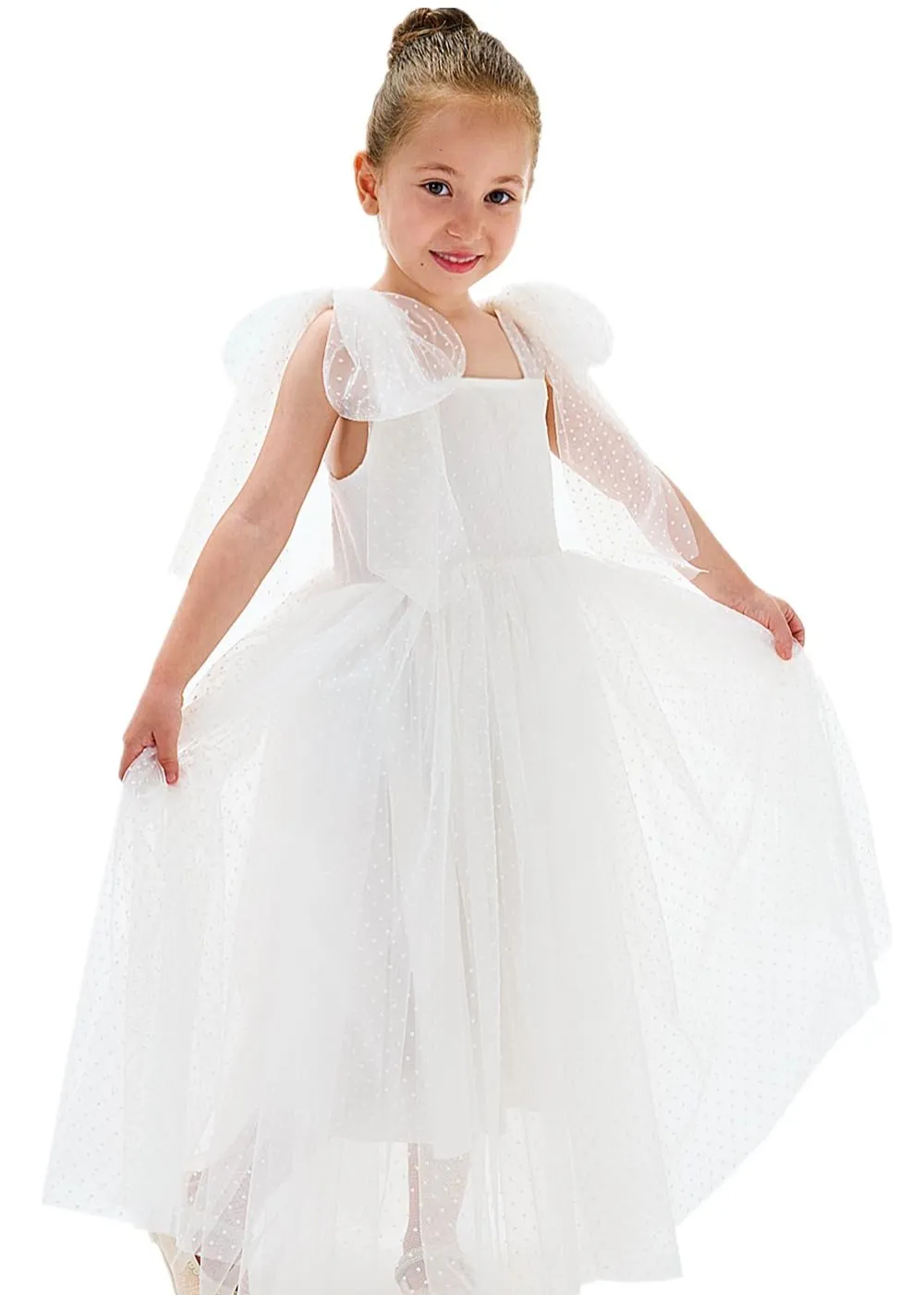 Lily Adjustable Strap Girl Dress in Polka Dot White