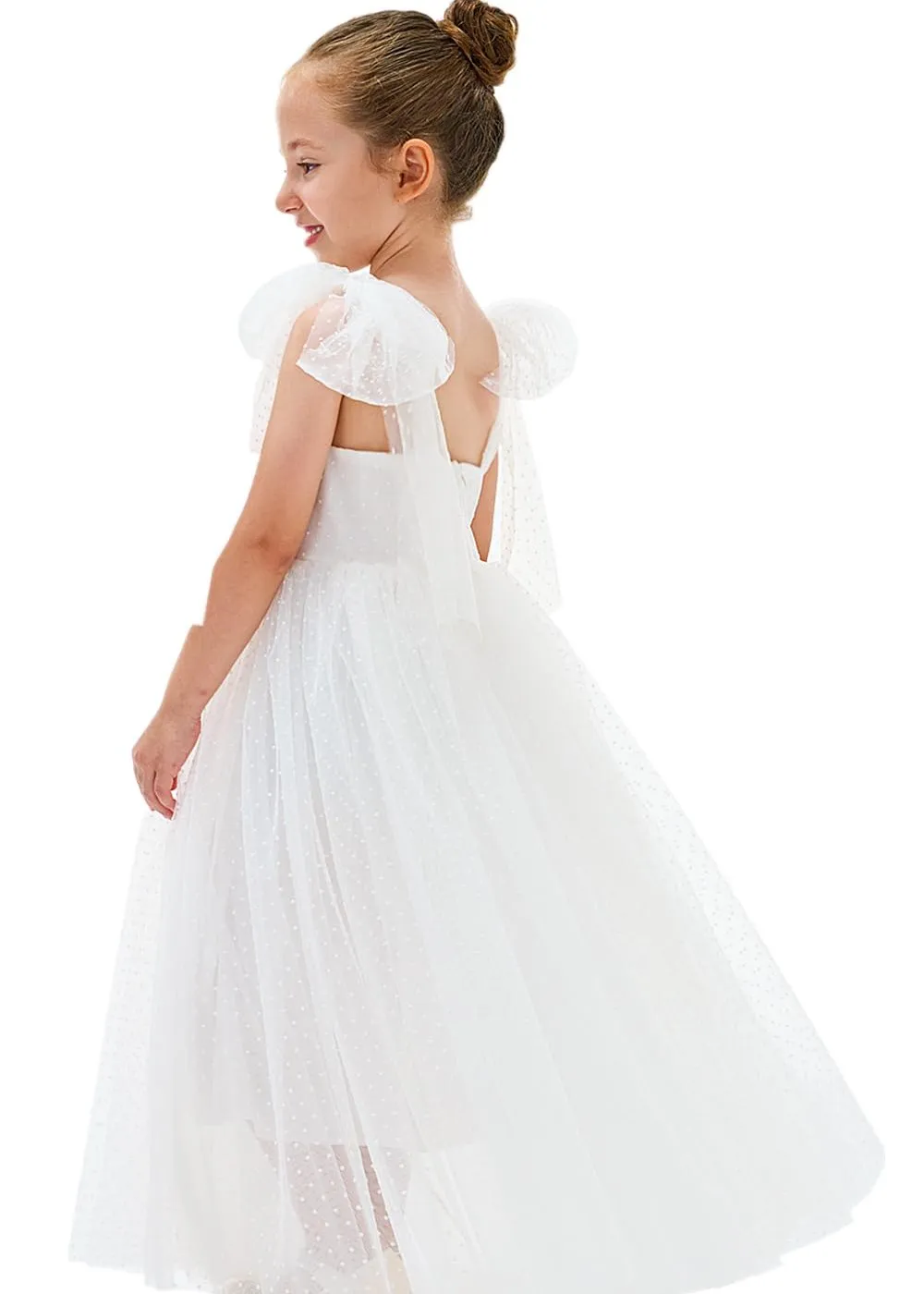 Lily Adjustable Strap Girl Dress in Polka Dot White