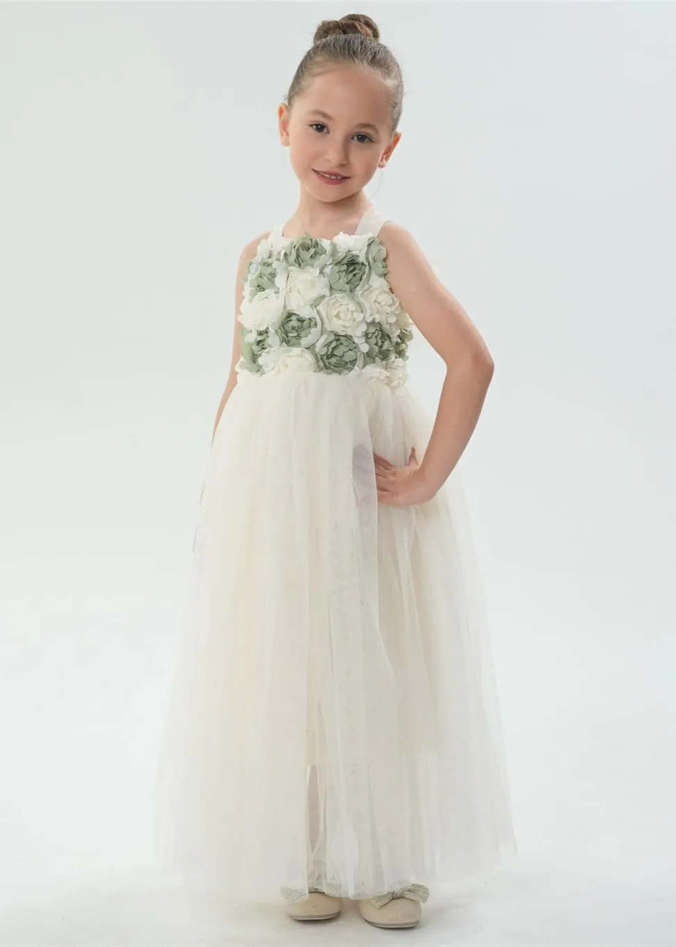 Lily Adjustable Strap Girl Dress in Sage Maxi 3D Flower