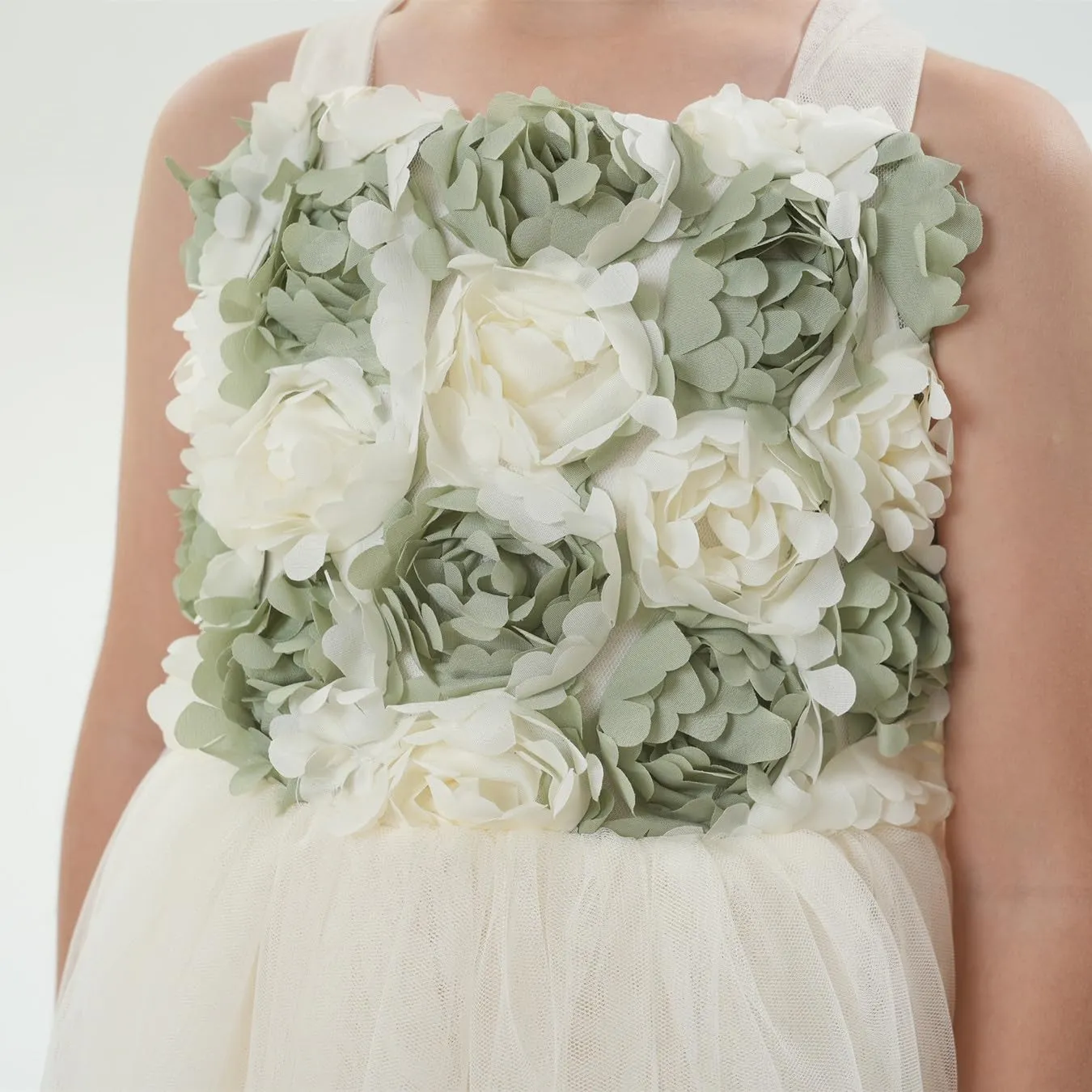 Lily Adjustable Strap Girl Dress in Sage Maxi 3D Flower