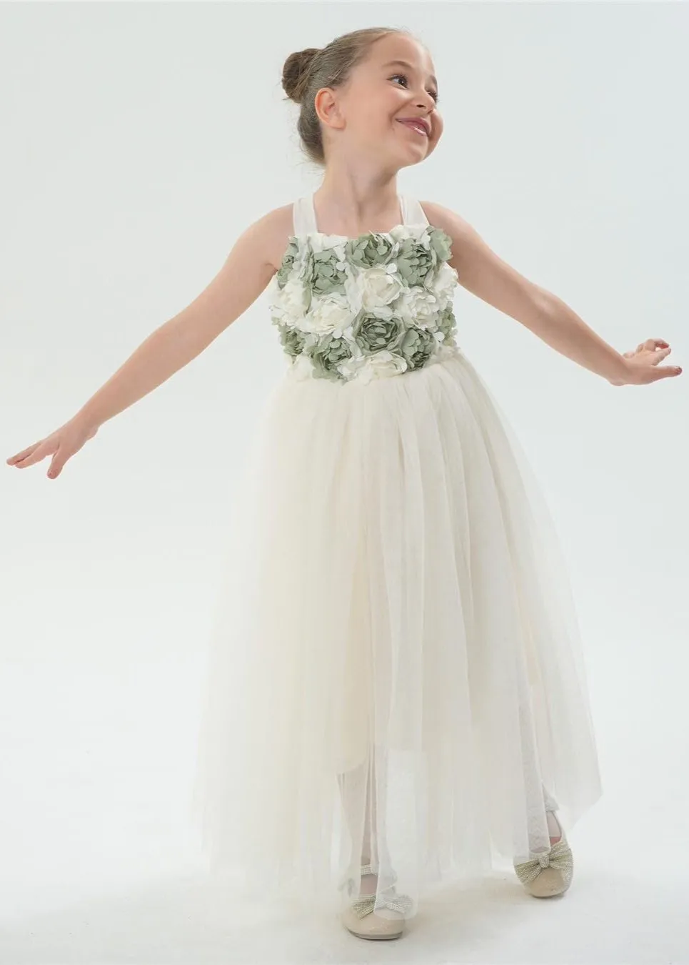 Lily Adjustable Strap Girl Dress in Sage Maxi 3D Flower
