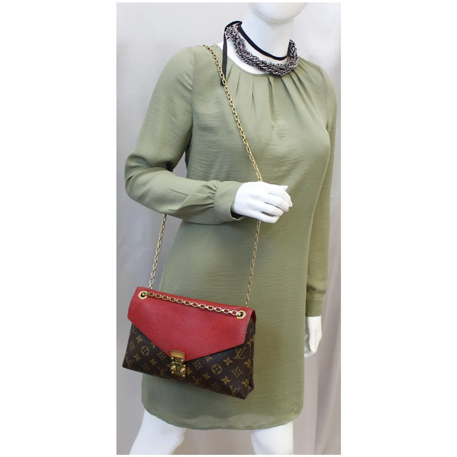 LOUIS VUITTON Pallas Chain Monogram Canvas Crossbody Bag Brown