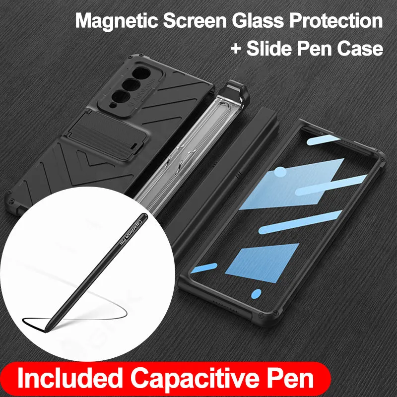 Magnetic Hinge Frame Pen Case Cover For Samsung Galaxy Z Fold 3 All-included Tempered Glass Plastic Case For Samsung Z Fold3