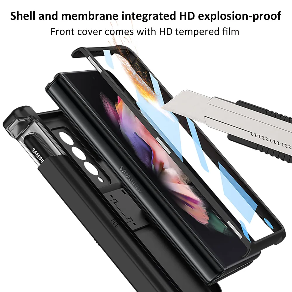 Magnetic Hinge Frame Pen Case Cover For Samsung Galaxy Z Fold 3 All-included Tempered Glass Plastic Case For Samsung Z Fold3