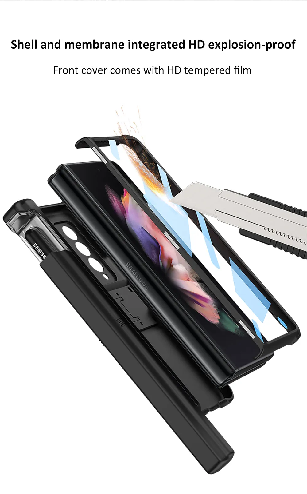 Magnetic Hinge Frame Pen Case Cover For Samsung Galaxy Z Fold 3 All-included Tempered Glass Plastic Case For Samsung Z Fold3