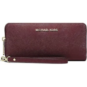 MICHAEL KORS Jet Set Continental Zip Around Leather Burgandy Wristlet