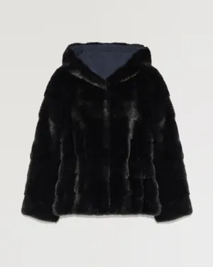 Mink short reversible parka with stripes