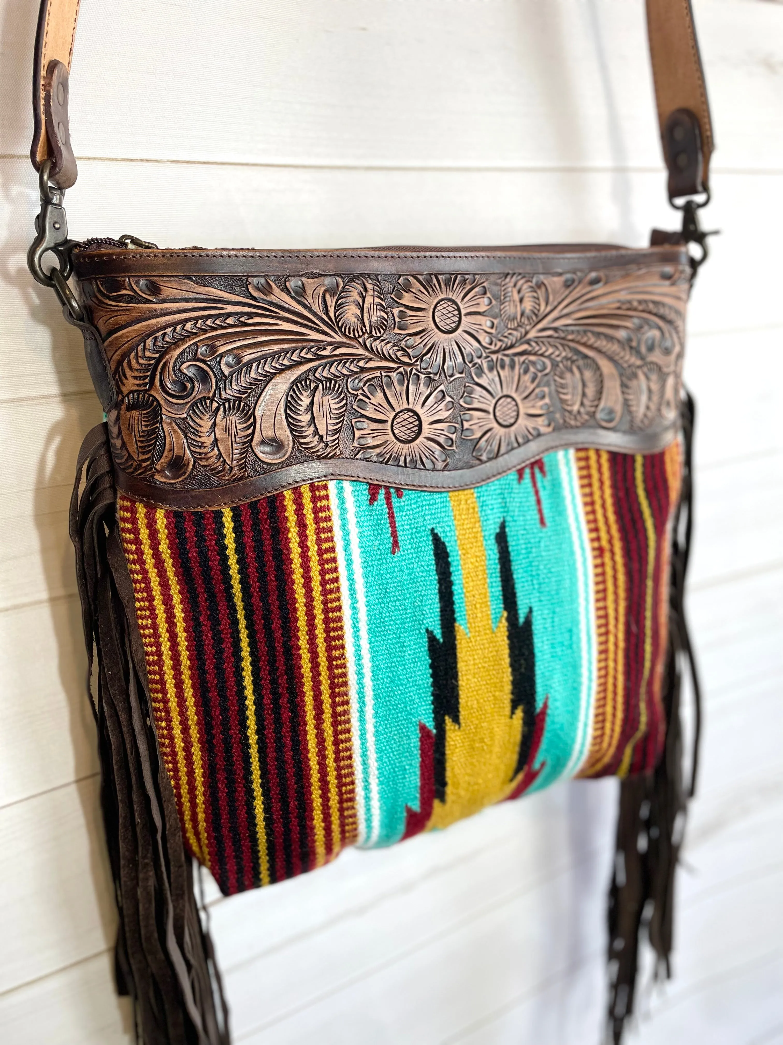 Mohave Red, Turquoise & Yellow Wool & Leather Bag