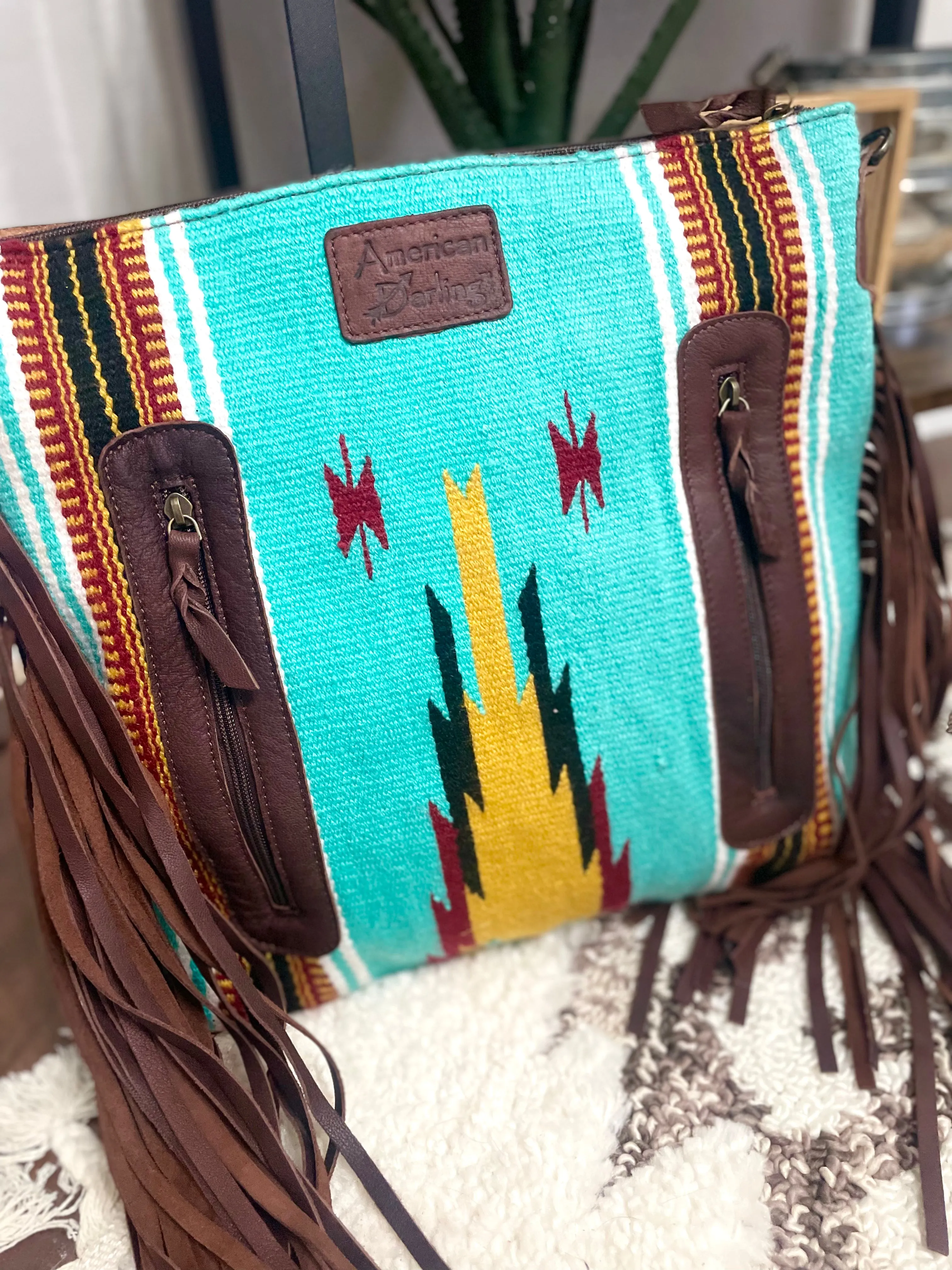 Mohave Red, Turquoise & Yellow Wool & Leather Bag