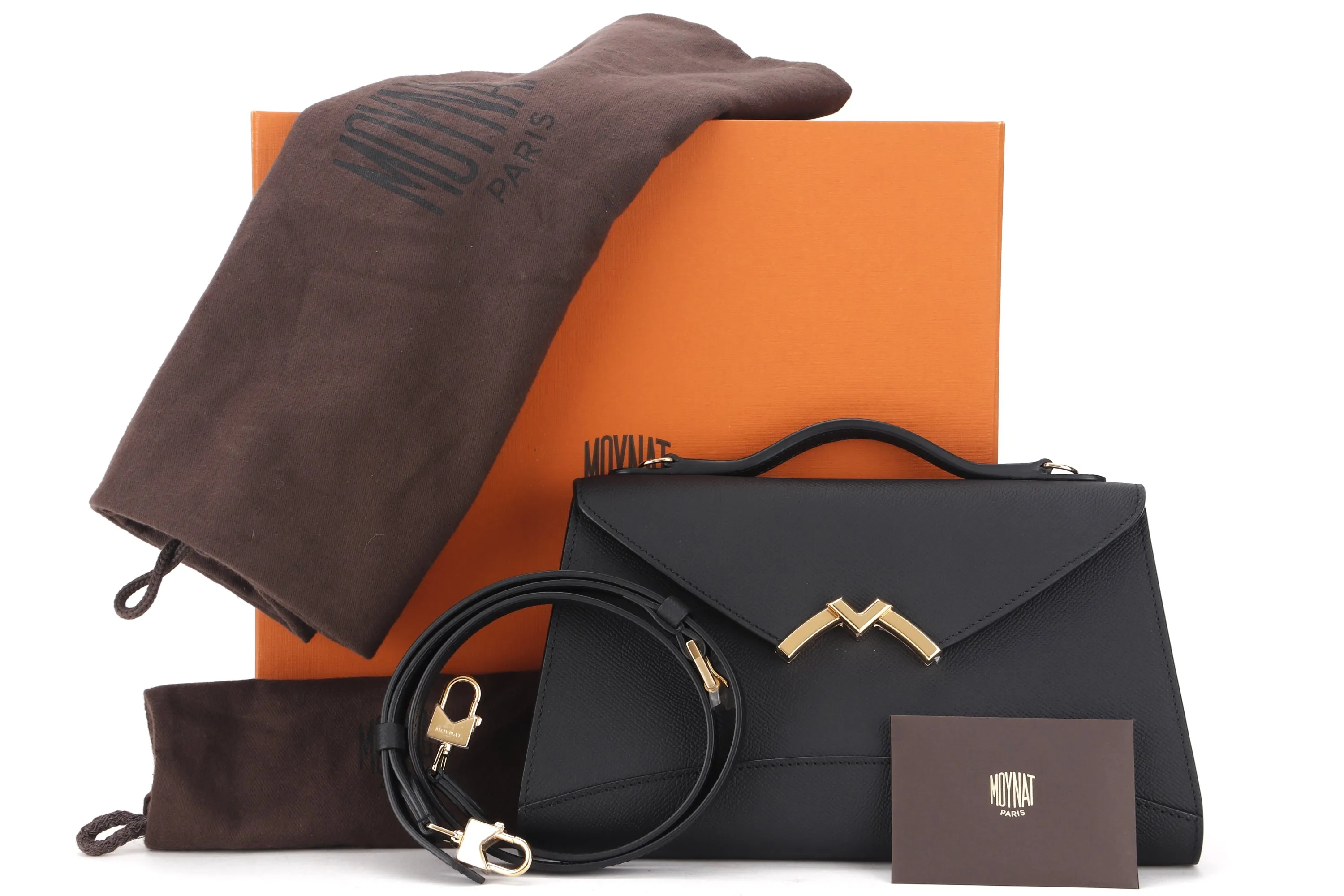 MOYNAT GABRIELLE CLUTCH (L26CM X W5CM X H16.5CM) BLACK CALF LEATHER GOLD HARDWARE, WITH STRAP, DUST COVER & BOX
