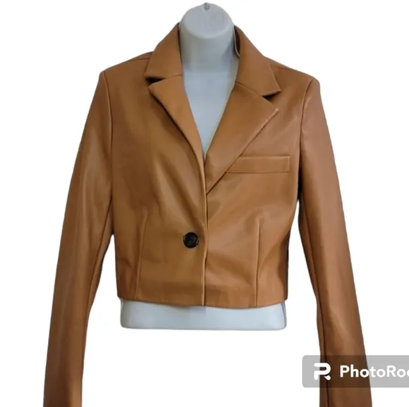 NWT 7 For All Mankind Faux Leather Crop Jacket Sz M caramel tan