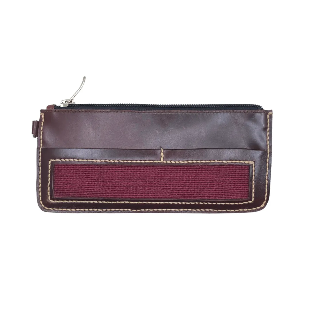Obrano Long Leather and Heritage Weaves Minimalist Wallet