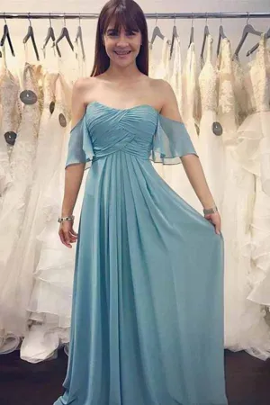 Off Shoulder Sweetheart Ruched Chiffon Long Sweep Train Bridesmaid Dress