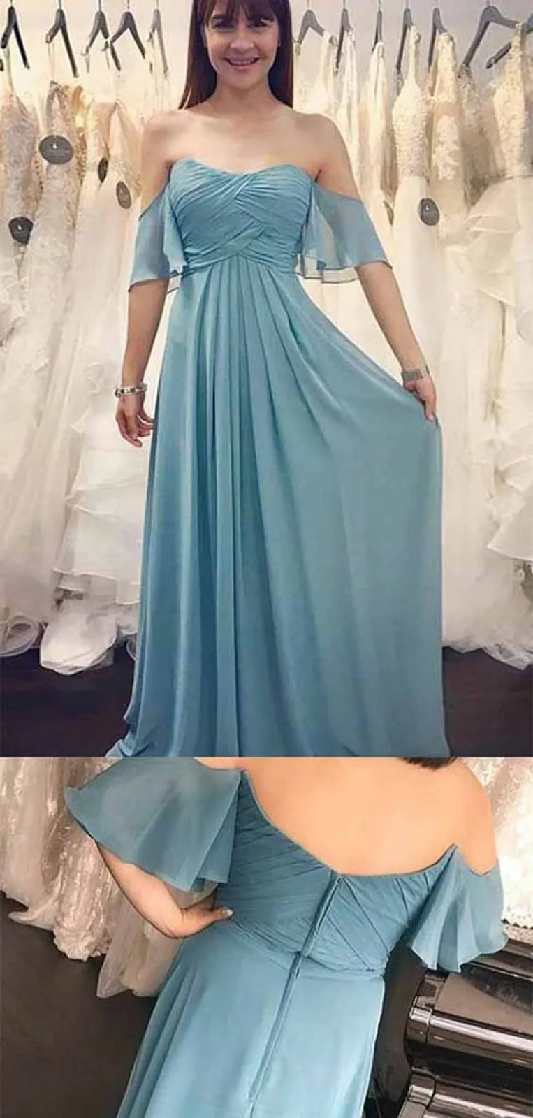 Off Shoulder Sweetheart Ruched Chiffon Long Sweep Train Bridesmaid Dress