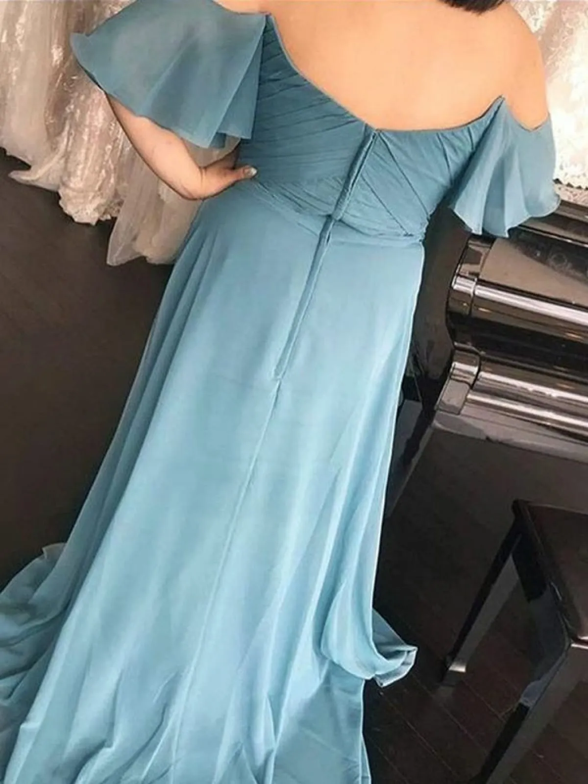 Off Shoulder Sweetheart Ruched Chiffon Long Sweep Train Bridesmaid Dress