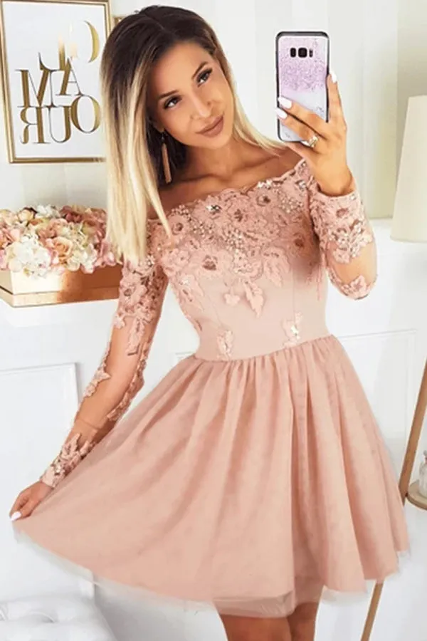 Off The Shoulder Long Sleeve Lace A-line Tulle Homecoming Dresses,MH500