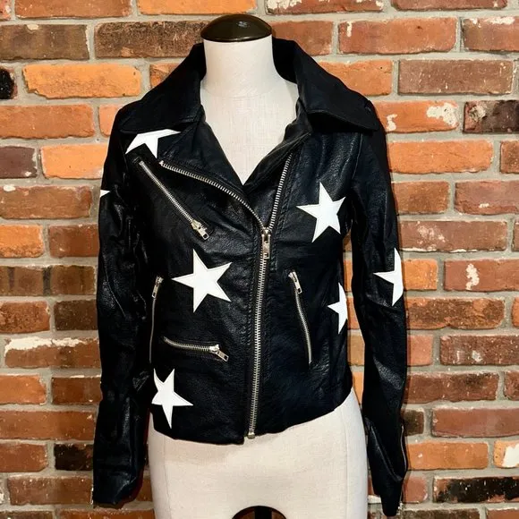 Olivaceous Black Star Print Faux Leather Moto Jacket Size Small