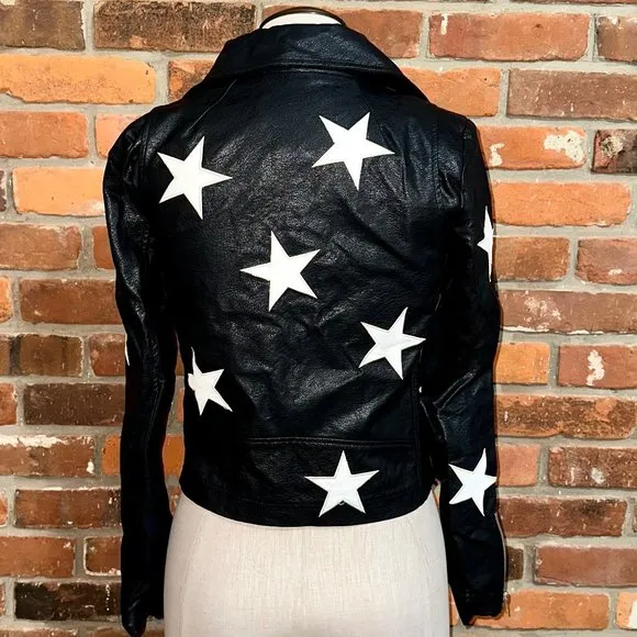 Olivaceous Black Star Print Faux Leather Moto Jacket Size Small