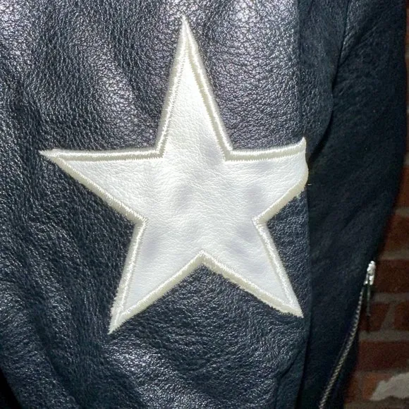 Olivaceous Black Star Print Faux Leather Moto Jacket Size Small
