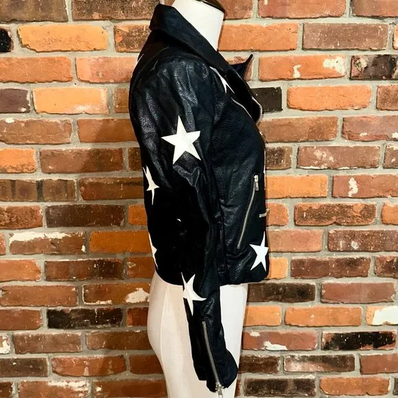 Olivaceous Black Star Print Faux Leather Moto Jacket Size Small