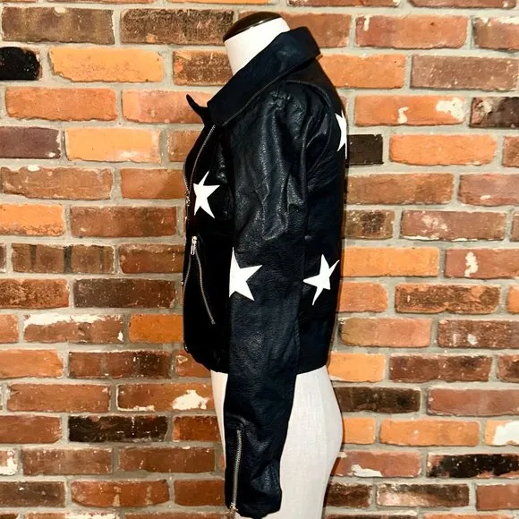 Olivaceous Black Star Print Faux Leather Moto Jacket Size Small