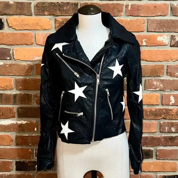 Olivaceous Black Star Print Faux Leather Moto Jacket Size Small