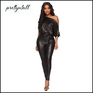 One Shoulder Faux Leather Jumpsuit