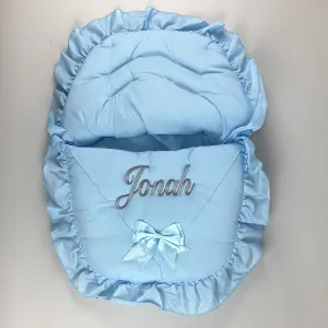 Personalised Car Seat / Cosy Toes - Blue With Blue Bow