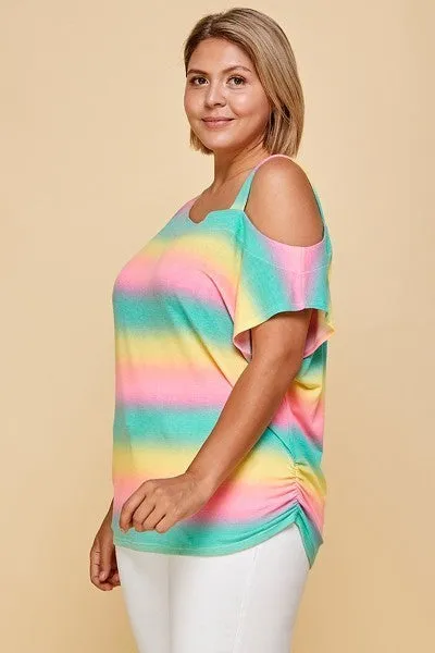 Plus Size Cute Tie Dye Striped Terry Print One Shoulder Strap Top