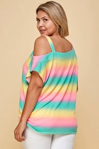 Plus Size Cute Tie Dye Striped Terry Print One Shoulder Strap Top