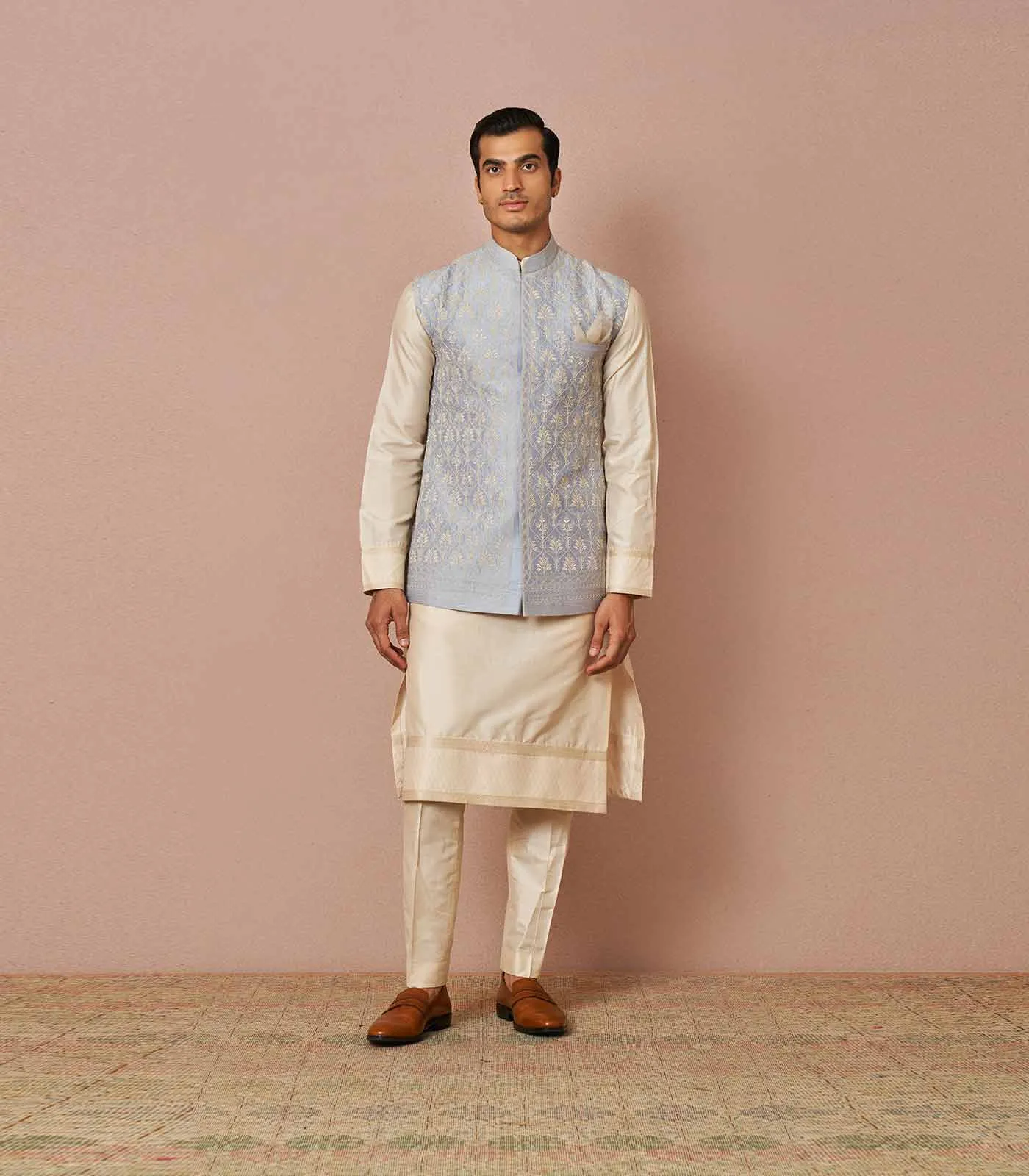 POWDER BLUE RAWSILK BANDI KURTA SET