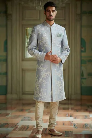 POWDER BLUE RAWSILK SHERWANI SET