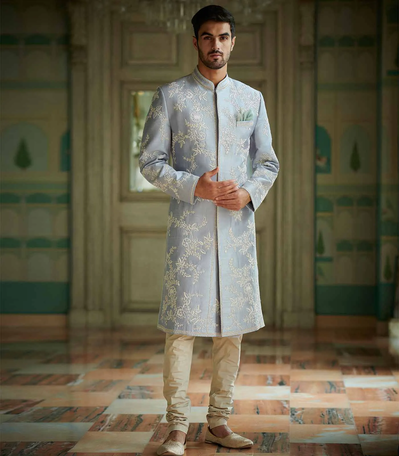 POWDER BLUE RAWSILK SHERWANI SET