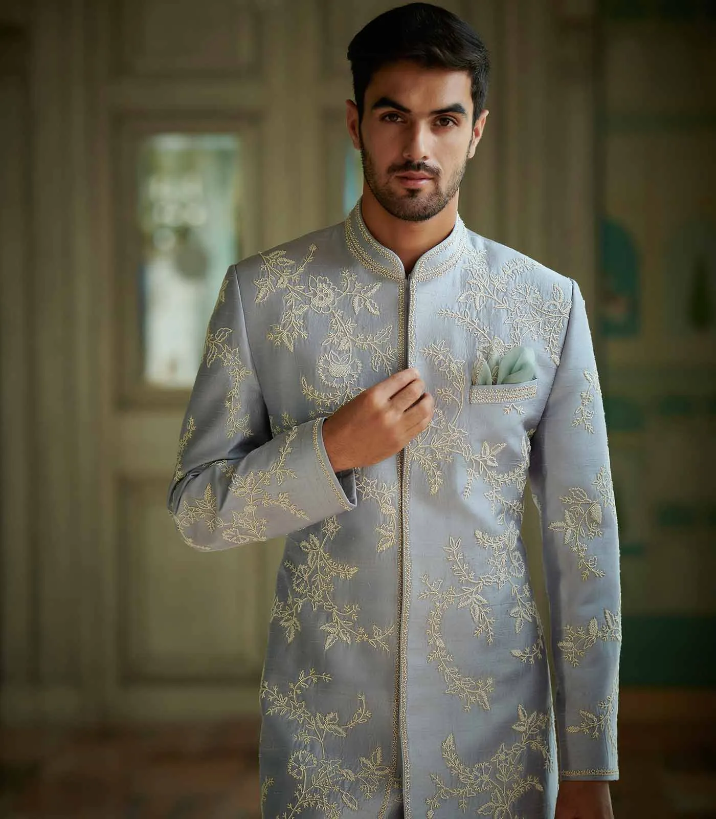 POWDER BLUE RAWSILK SHERWANI SET
