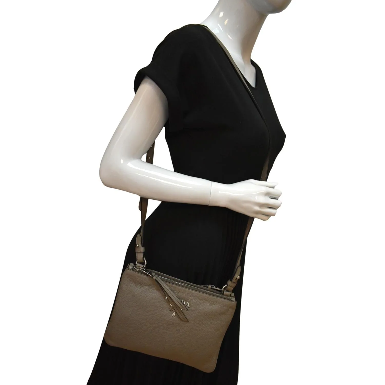 PRADA Vitello Phenix Leather Crossbody Bag Beige