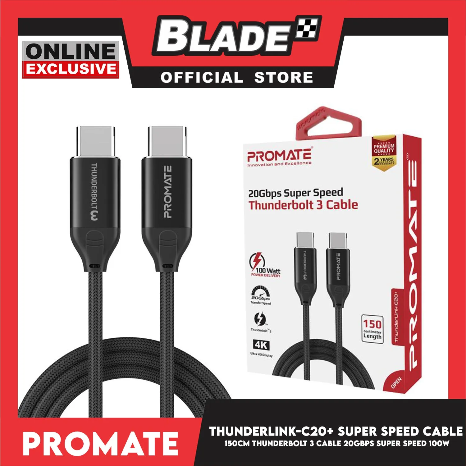 Promate 150cm Thunderbolt 3 Cable 20Gbps Super Speed 100W ThunderLink-C20  (Black)