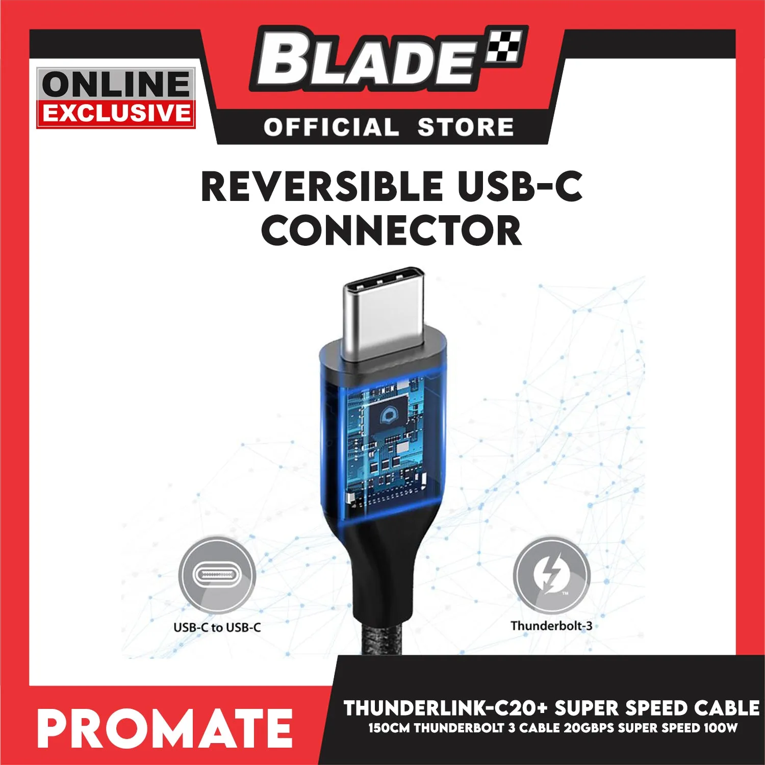 Promate 150cm Thunderbolt 3 Cable 20Gbps Super Speed 100W ThunderLink-C20  (Black)